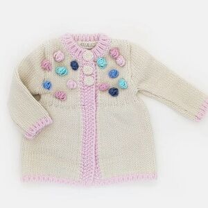 Huggalugs Cream & Pink Popcorn Knit Baby Sweater